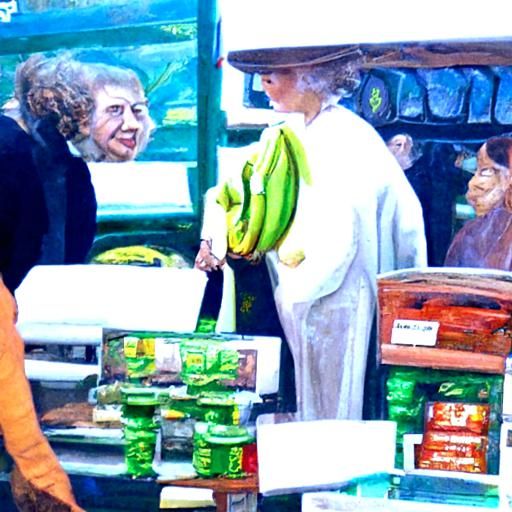 Queen Elizabeth Buys Bananas: Oil Painting