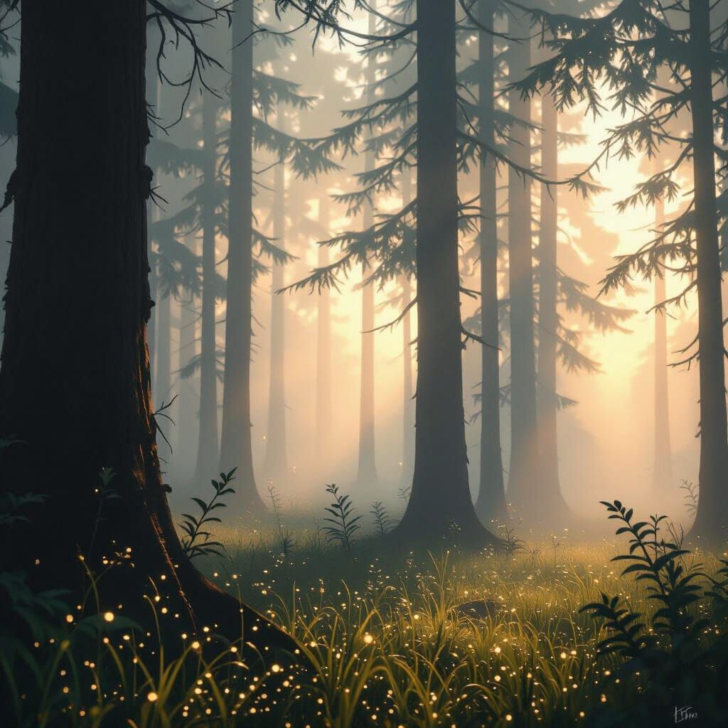 Misty Forest Landscape with Shadowlight, Dreamlike Atmospher...
