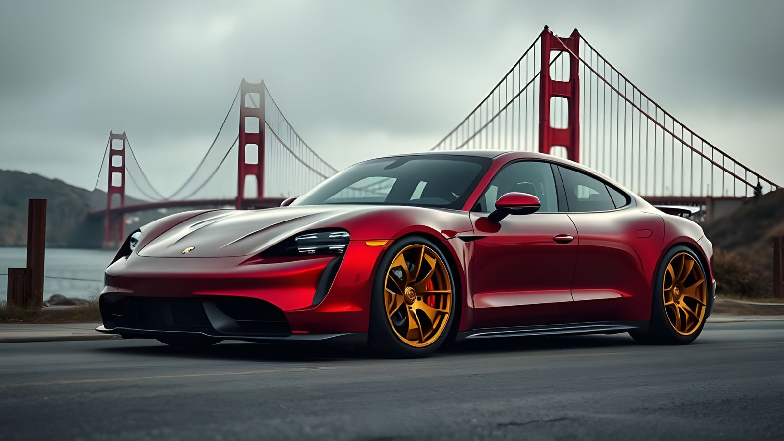 Porsche Taycan with Golden Rims at Golden Gate