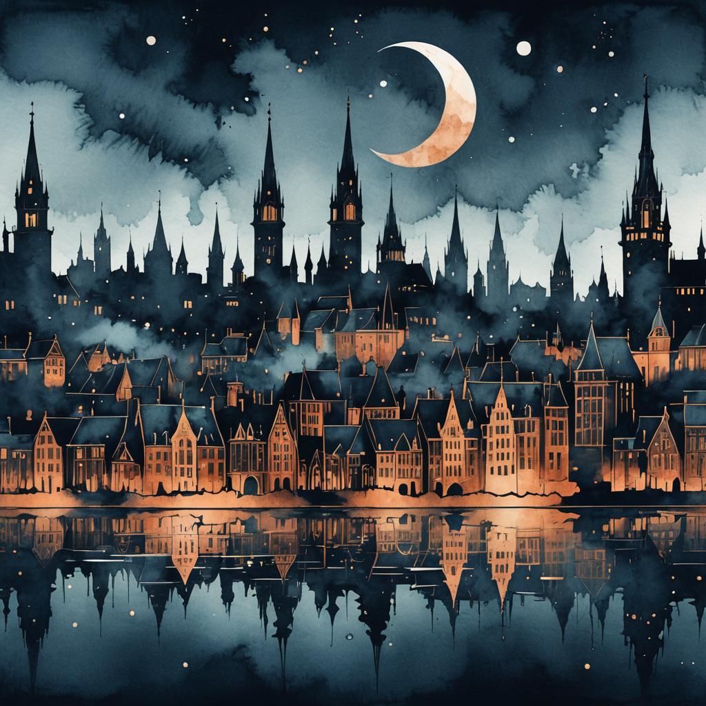 Fantastical City Skyline in Copper and Blue Ink