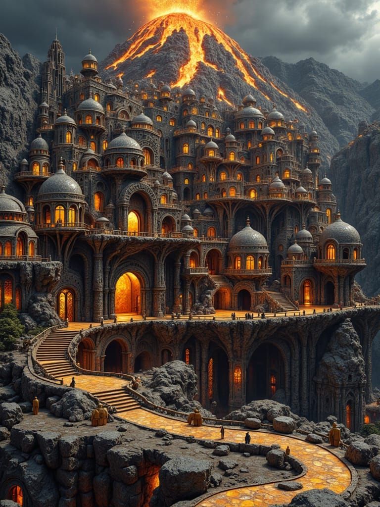 Lava Temple City on Volcano: Digital Illustration