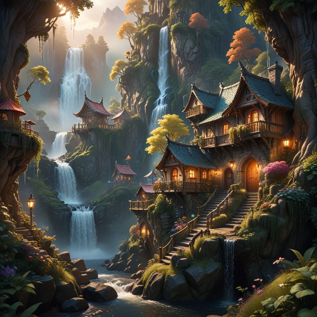 Detailed Faerie Village Beside Waterfall in Oil Painting Sty...
