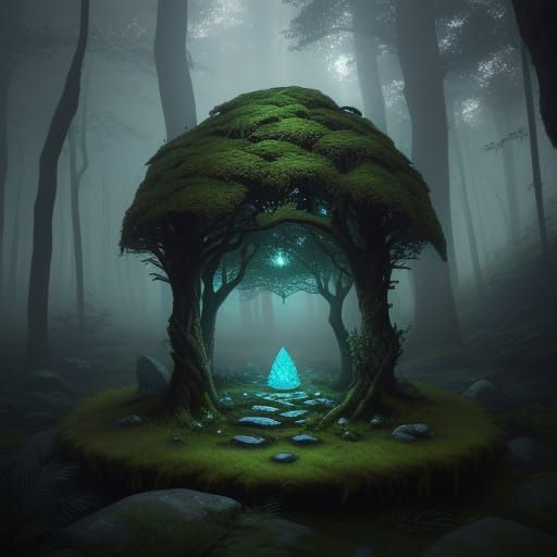 Mysterious Glowing Stone in Ethereal Forest