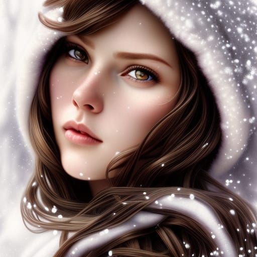Brunette Woman Portrait in Snow, Hyperrealistic Digital Art