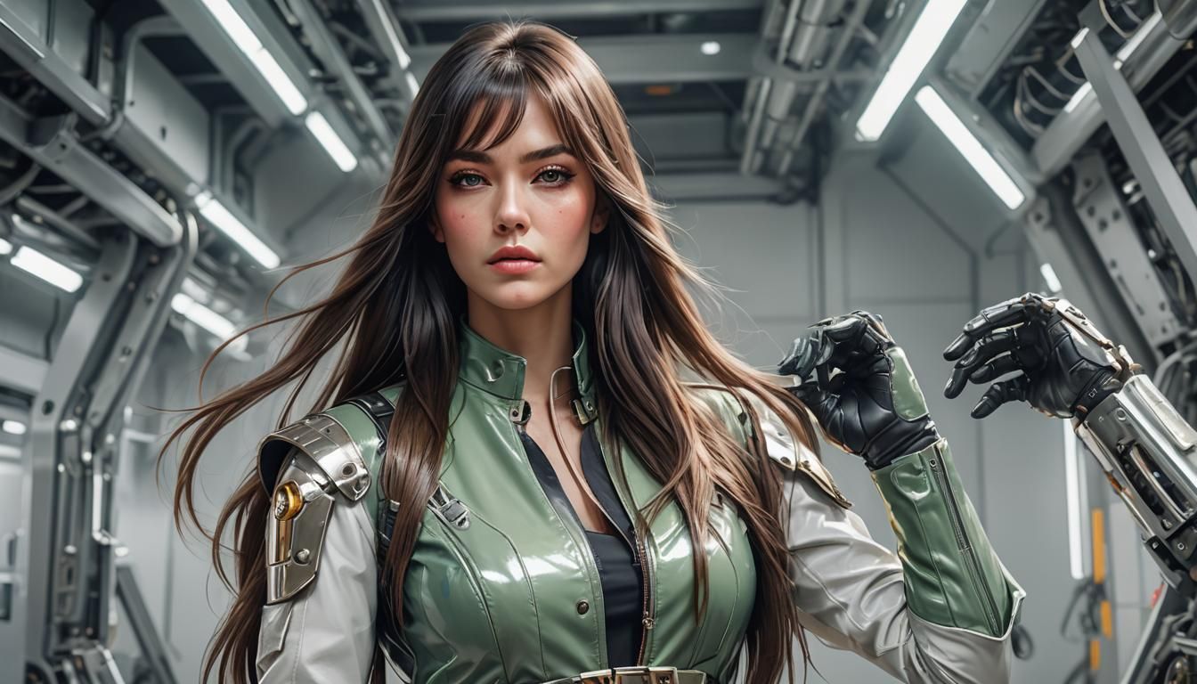 Beautiful Woman with Suspicious Expression in Sci-Fi Style