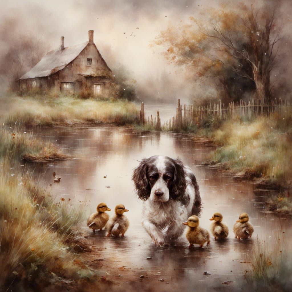 Ducklings Follow Spaniel Dog in Watercolor Style