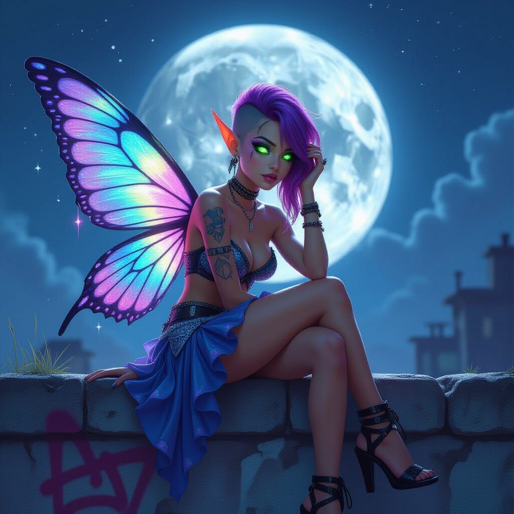 Iridescent Fairy on Graffiti Wall, Neon Accents