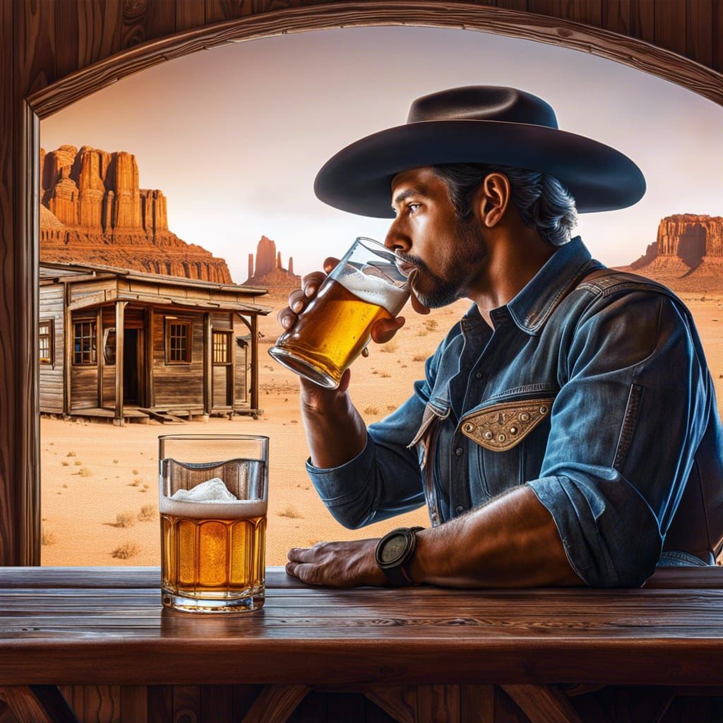Cowboy in Desert Saloon: Double Exposure Digital Art
