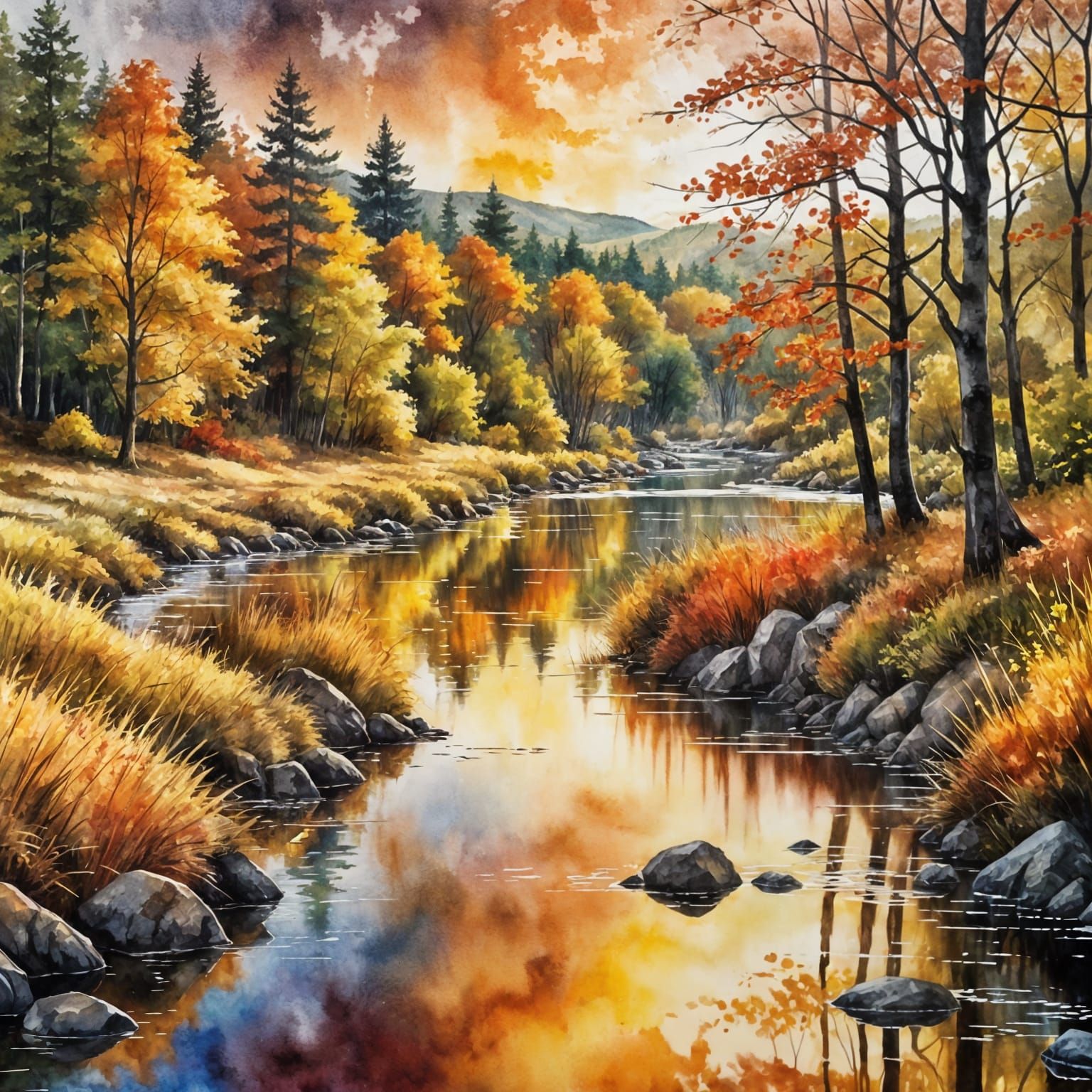 Joyful River in Autumn Watercolor Landscape