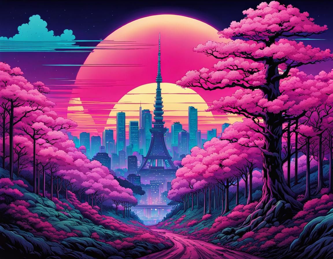 Vaporwave Gothic Sakura Forest in Cyberpunk Tokyo