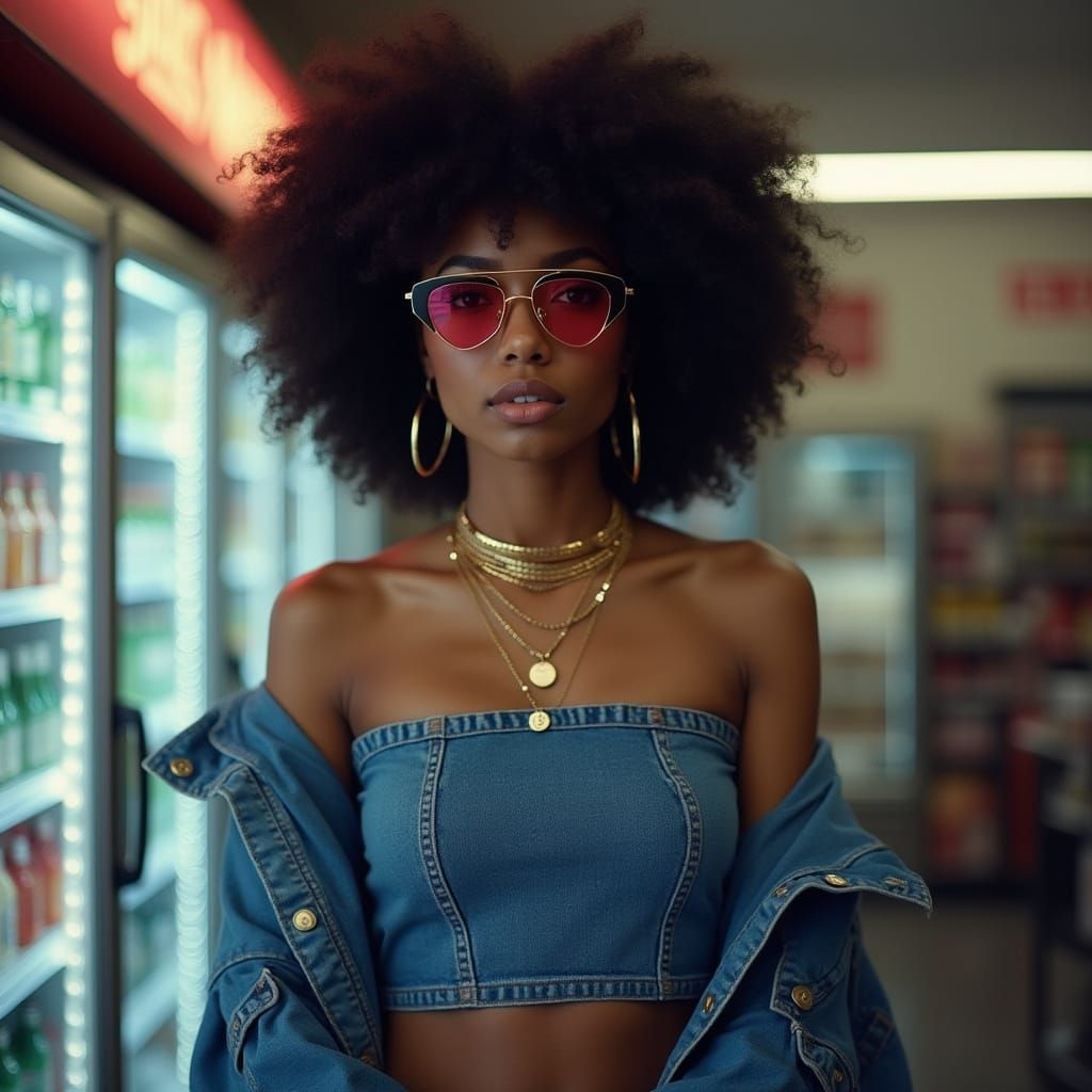 Confident Woman in Retro Denim Outfit with Afro