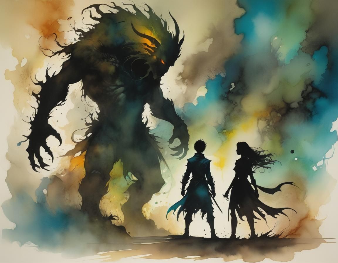 Fantasy Silhouette Approaching Mythical Beast in Alcohol Ink