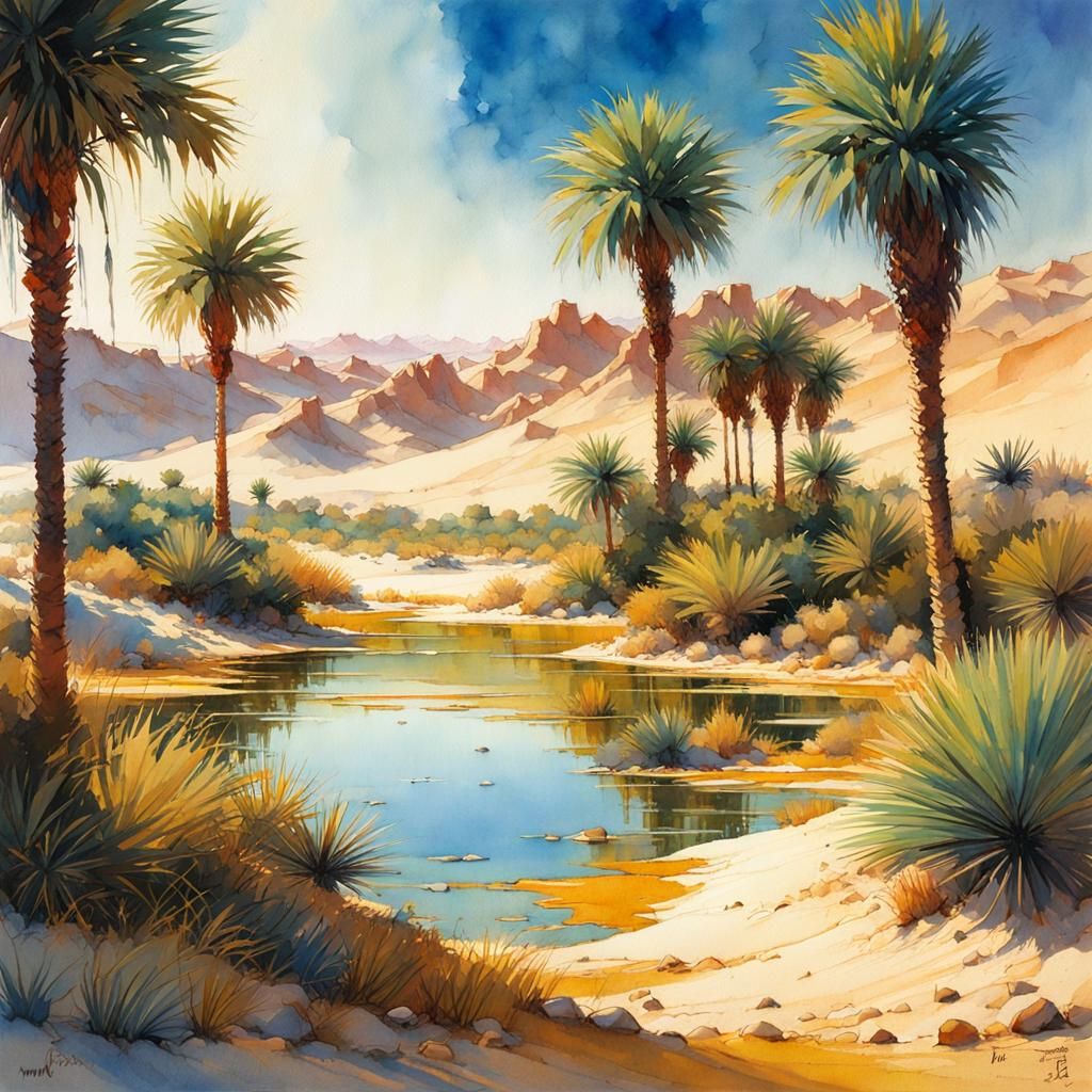 Desert Oasis: Hyperdetailed Watercolour Fantasy Painting