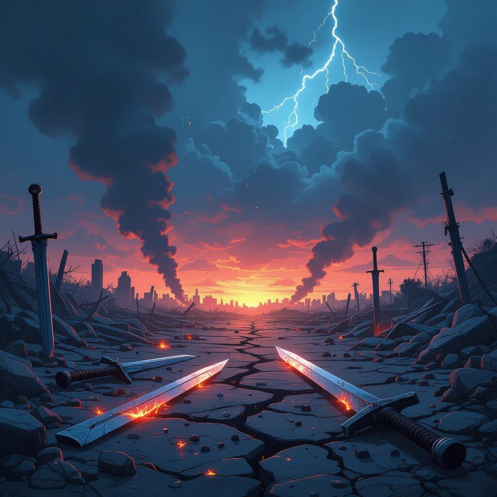 Cinematic Battlefield Dusk Scene with Neon Accents