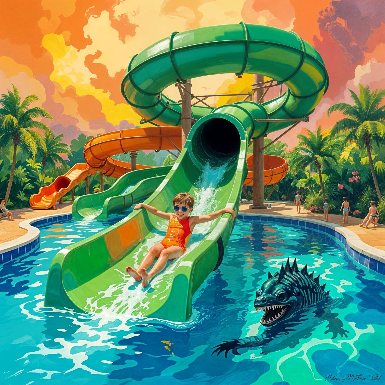 Surreal Waterslide Adventure with Lurking Sea Monster