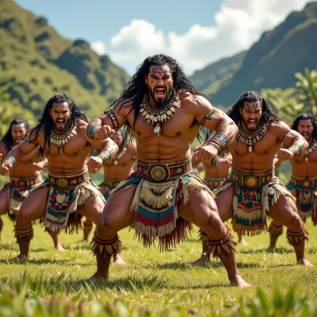 Māori Warriors Performing Haka in Dramatic Hyperrealism
