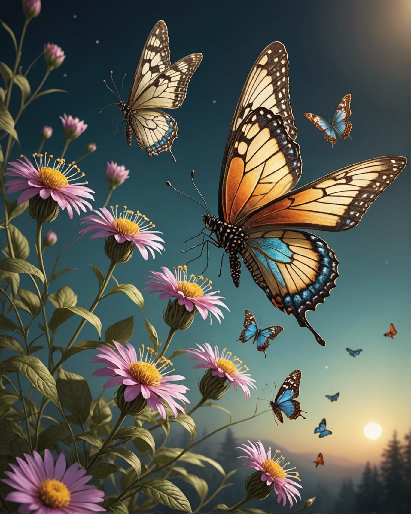 Intricate Butterflies and Flowers in Diffuse Light