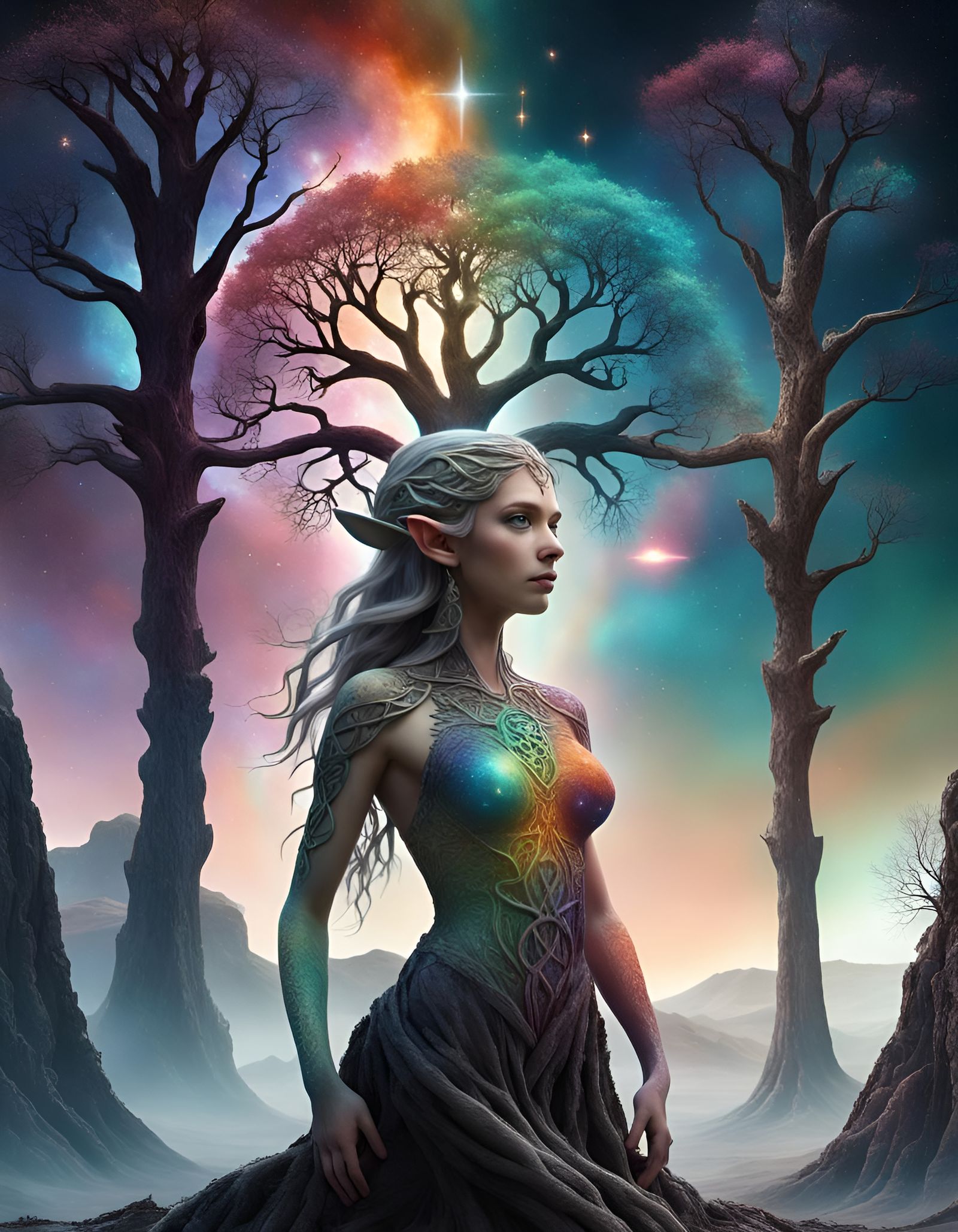 Multicolored Elf Goddess with Tree of Life