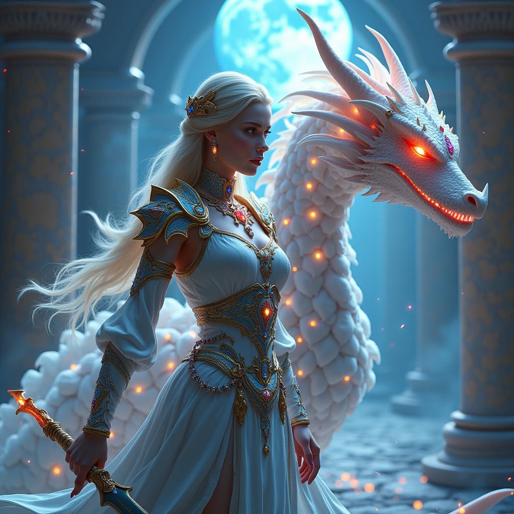 Dragon Goddess with Moon Dragon in Fantasy Art Style