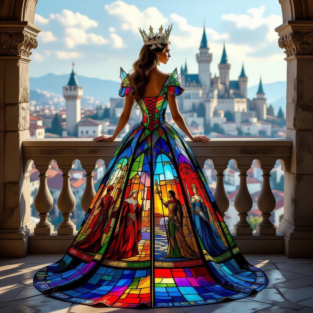 Queen in Stained Glass Gown Overlooks Medieval City