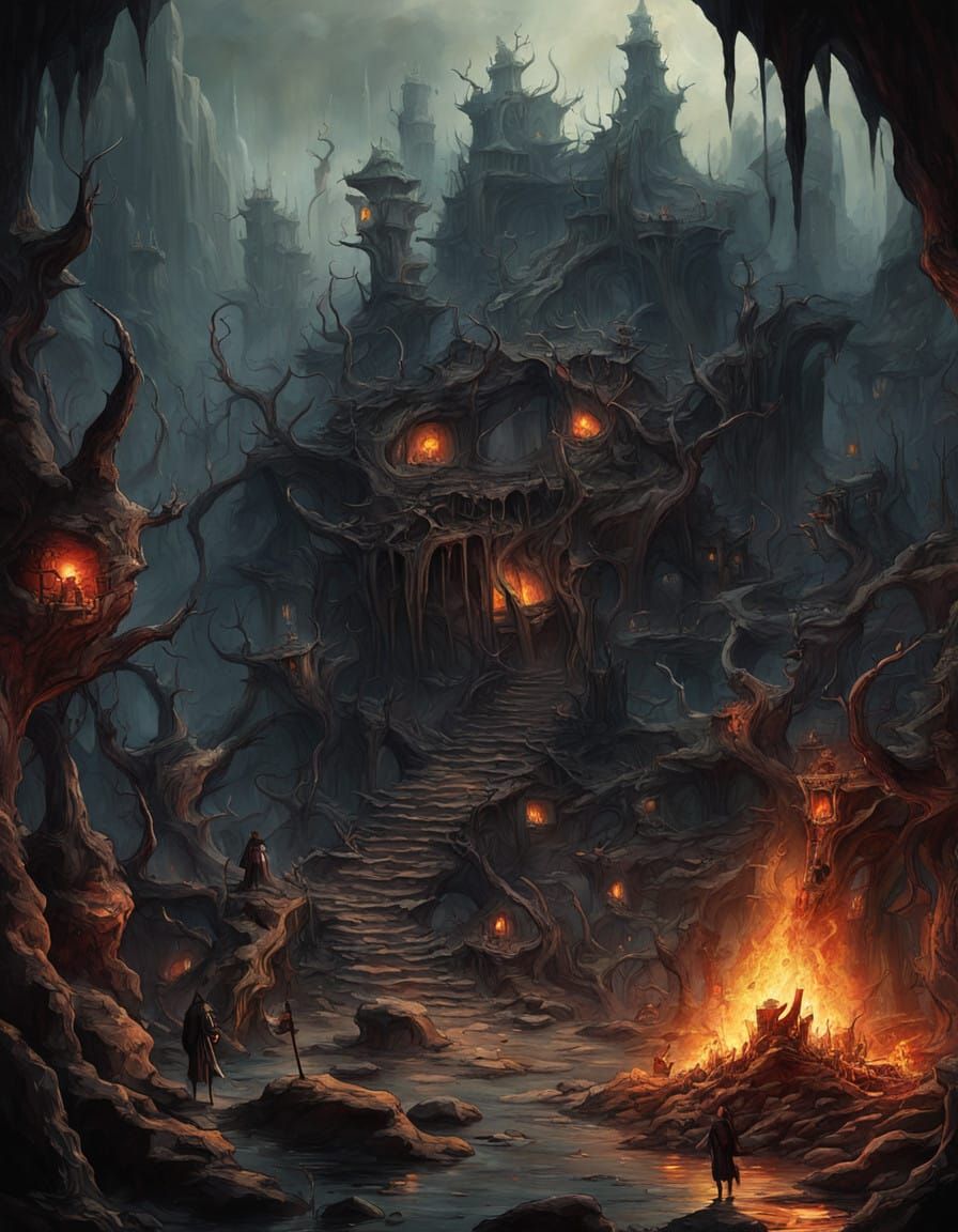 Medieval Folk Art Scene of Hellish Torment in Dark Fantasy