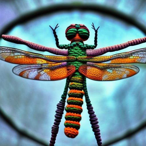 Hyperrealistic Dragonfly Sculpture with Crochet Wings