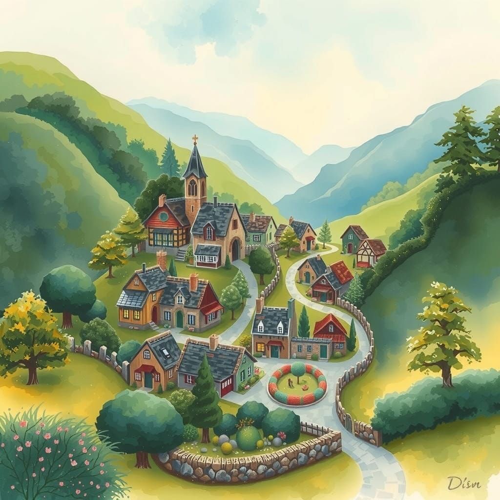 Whimsical Village in a Dreamy Landscape