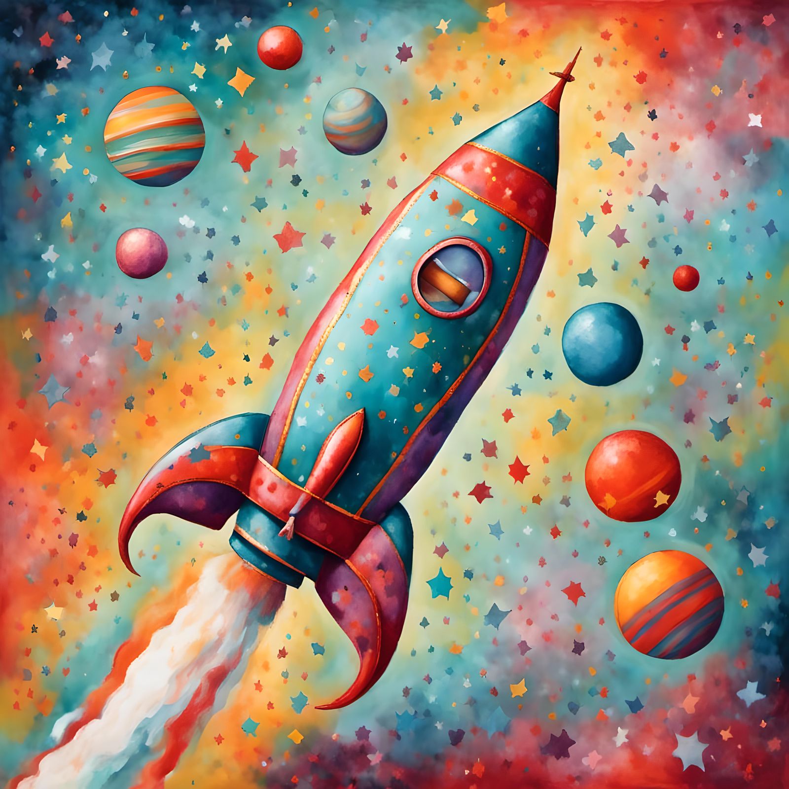 Whimsical Rocket Ship Portrait in Japanese Style