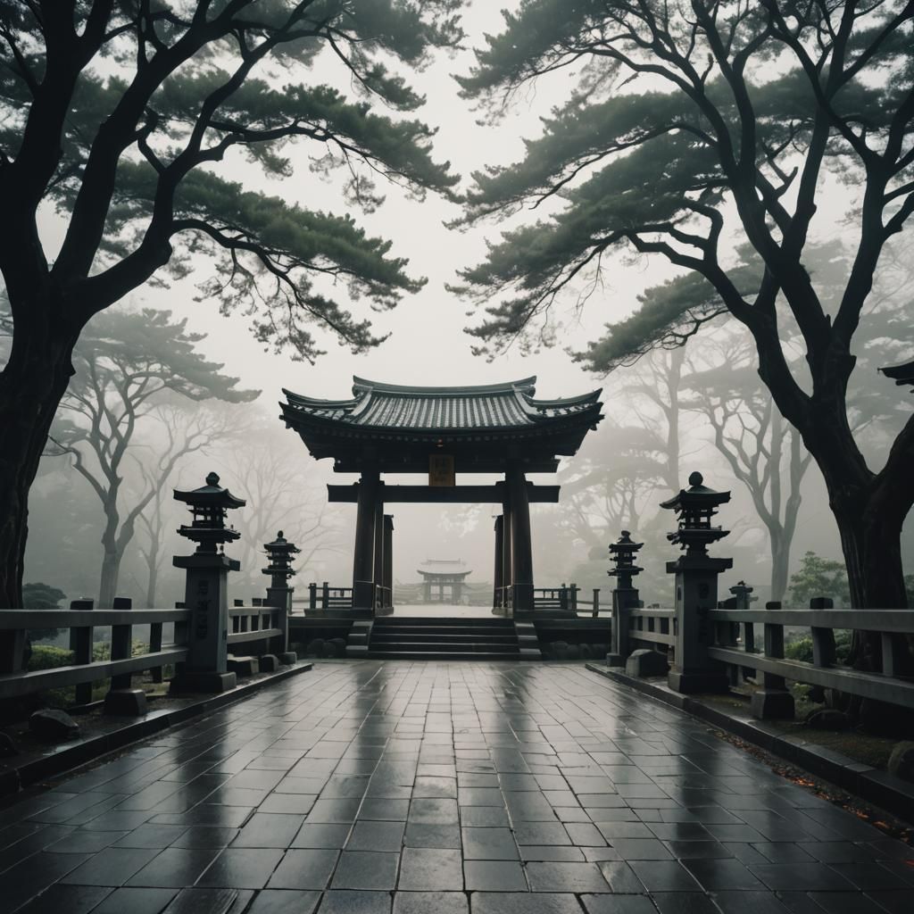 Foggy Shinto Temple in Early Morning Light
