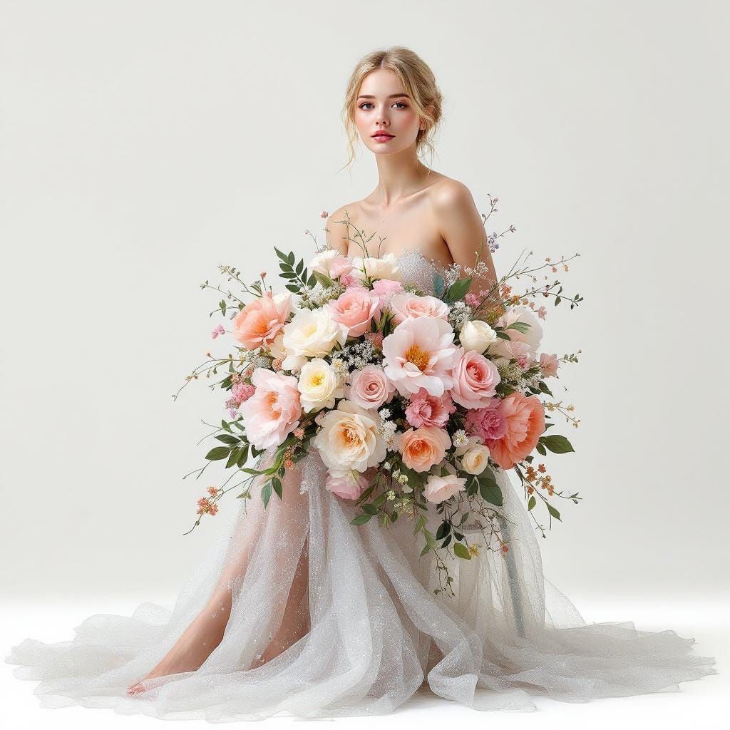 Hyperrealistic Woman with Flowers in Studio Setting