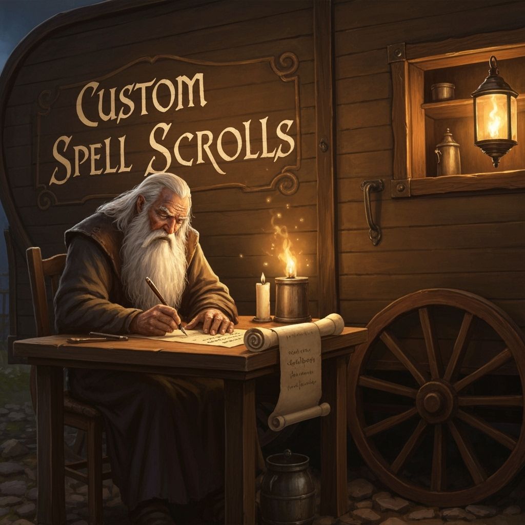 Wizard Crafts Spell Scroll Outside Enchanted Wagon Shop
