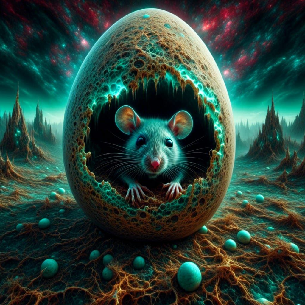 Aqua Chibi Mouse Hatching in Surreal Landscape