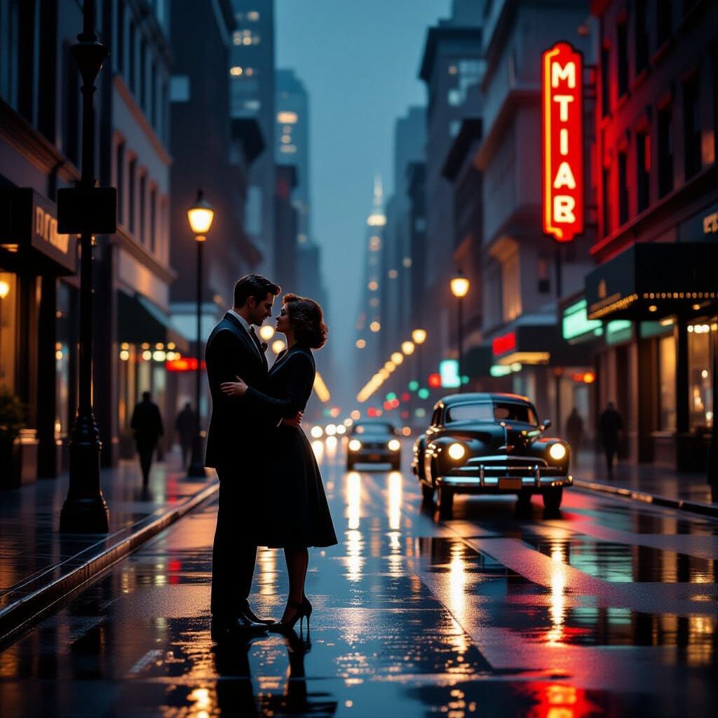 Vintage Couple's Tender Moment on Rainy City Street