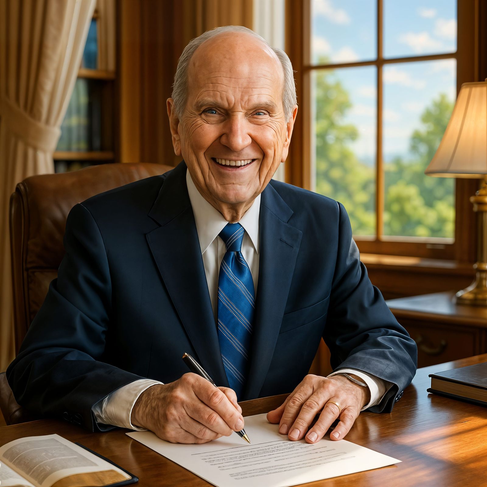 Happy Russel M. Nelson at Desk, CGI Style