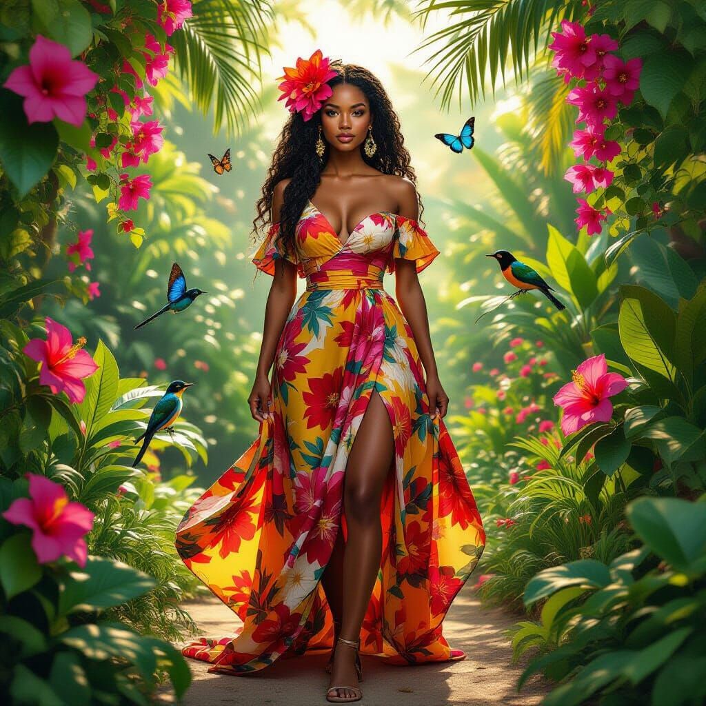 Tropical Garden Woman with Flower Adornments