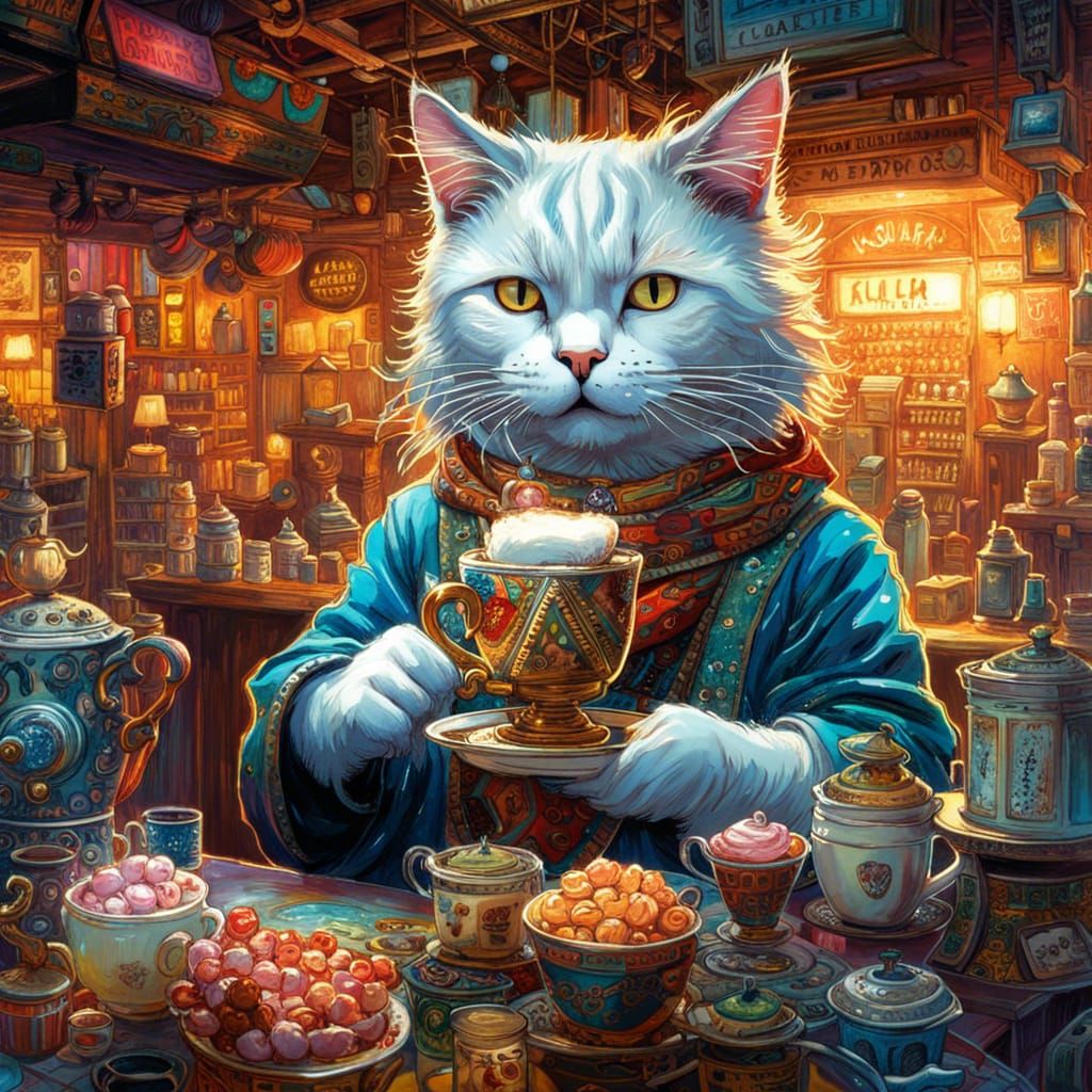 Cat Barista Serving Coffee: Maximalist Fantasy Art