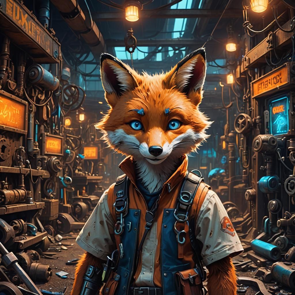 Teenage Two-Tailed Fox Mechanic in Junkyard Setting