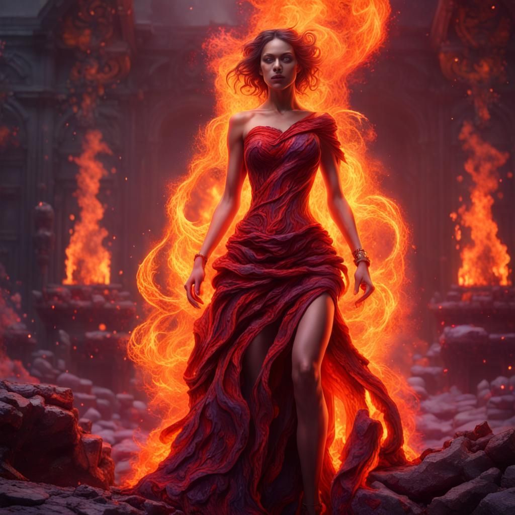 Lava Woman in Burning Dress: Dark Fantasy Art