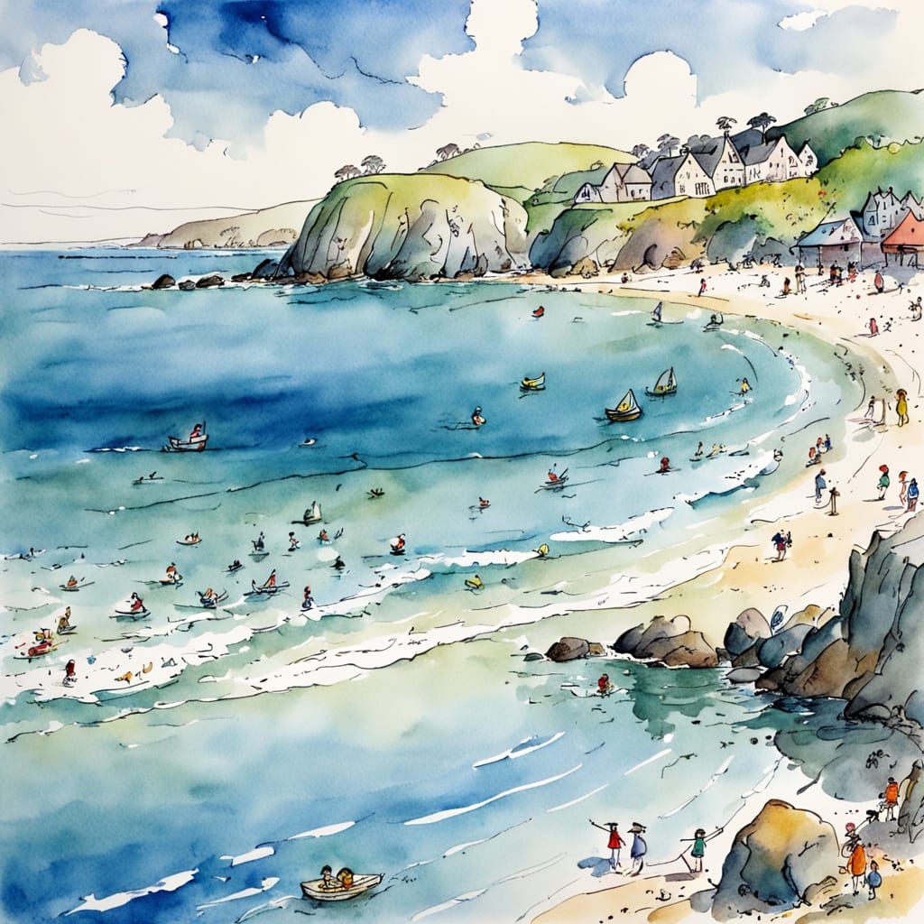 Charming Beach Scene in Quentin Blake Style