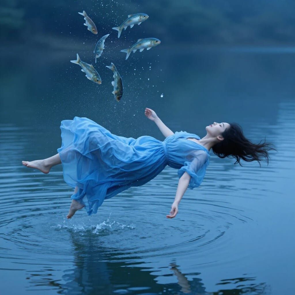Ethereal Woman Floats Above Tranquil Lake