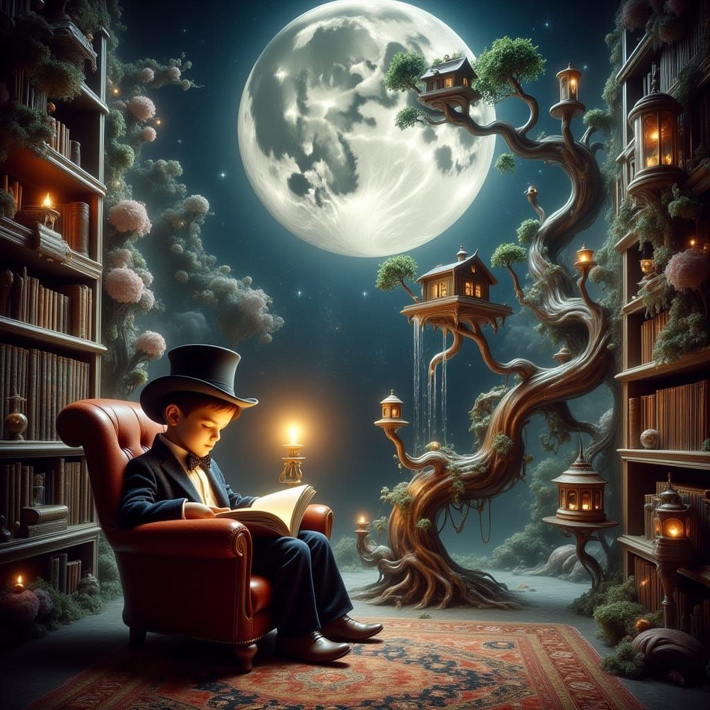 Dreamlike Library on the Moon: Enchanted Reading Nook with V...