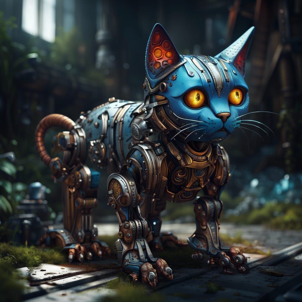Fantastical Robot Cat in Detailed Matte Painting
