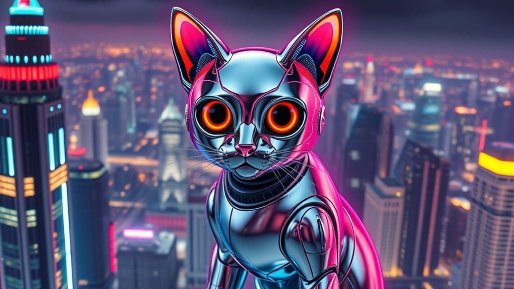 Chrome Robot Cat in Futuristic Metropolis, Syd Mead Style