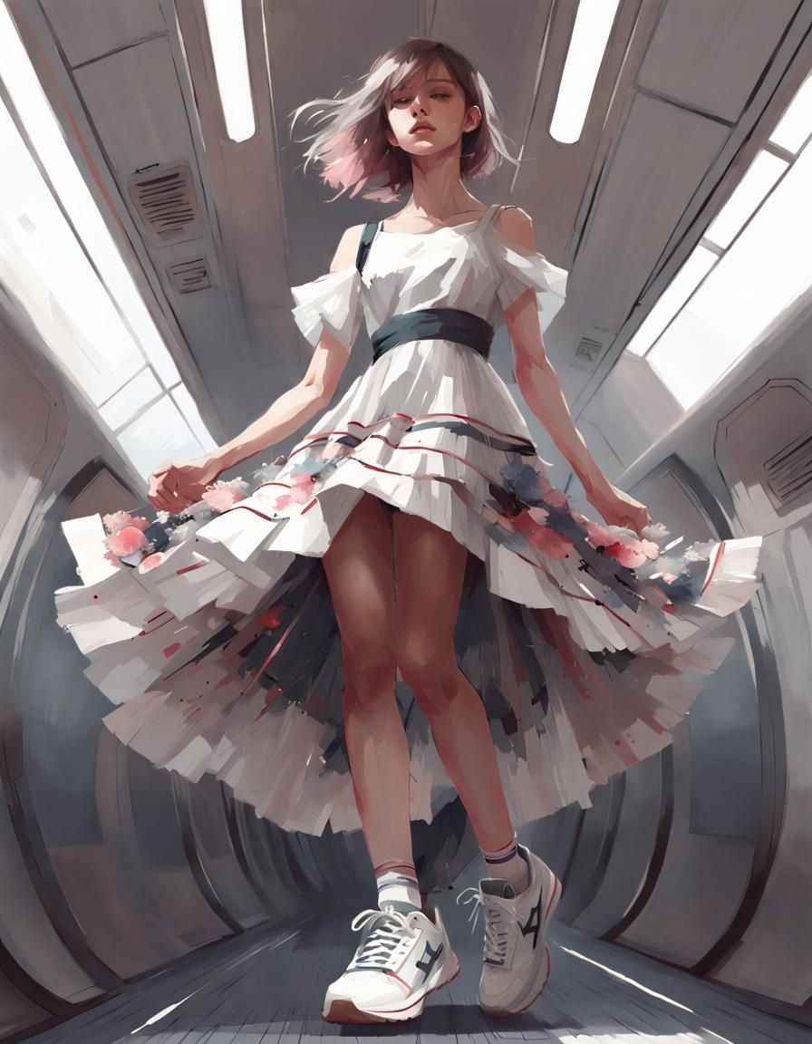 Floating Woman in Dress and Sneakers, WLOP Style