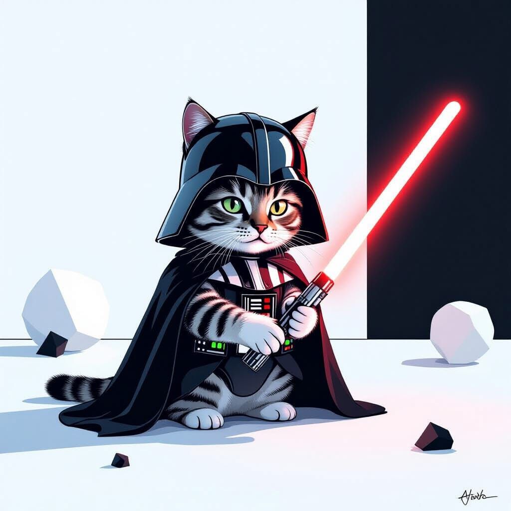 Playful Cat Wielding Lightsaber in Modern Art Style