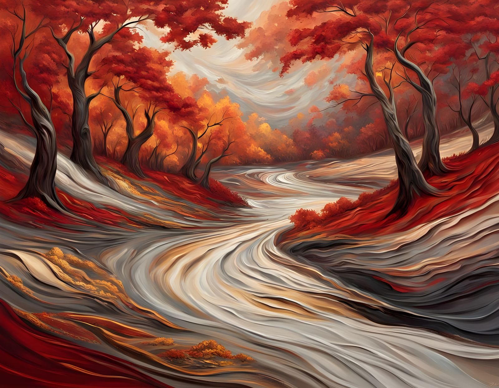 Impasto Oil Landscape: Red Tree, Cabin, and River