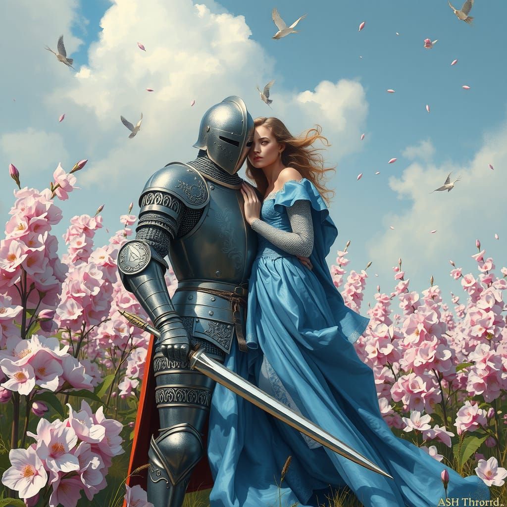 Knight Protecting Lady in Cherry Blossom Field