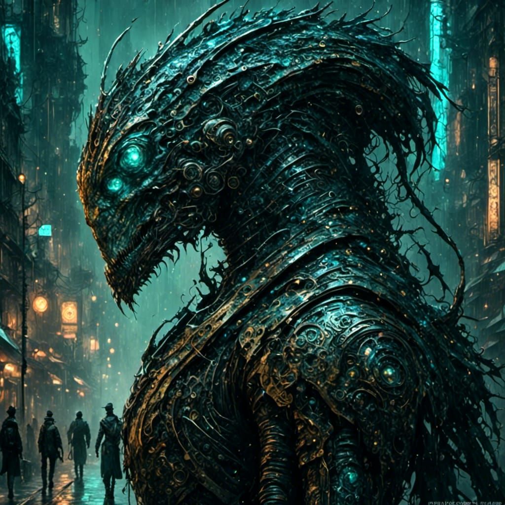 Futuristic Basilisk Knight in Cyberpunk Armor