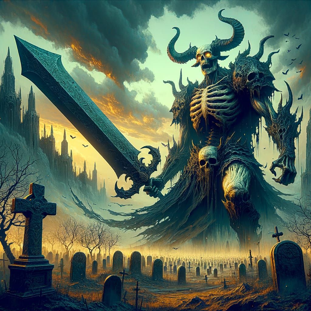 Epic Skeleton Minotaur in Graveyard Digital Painting