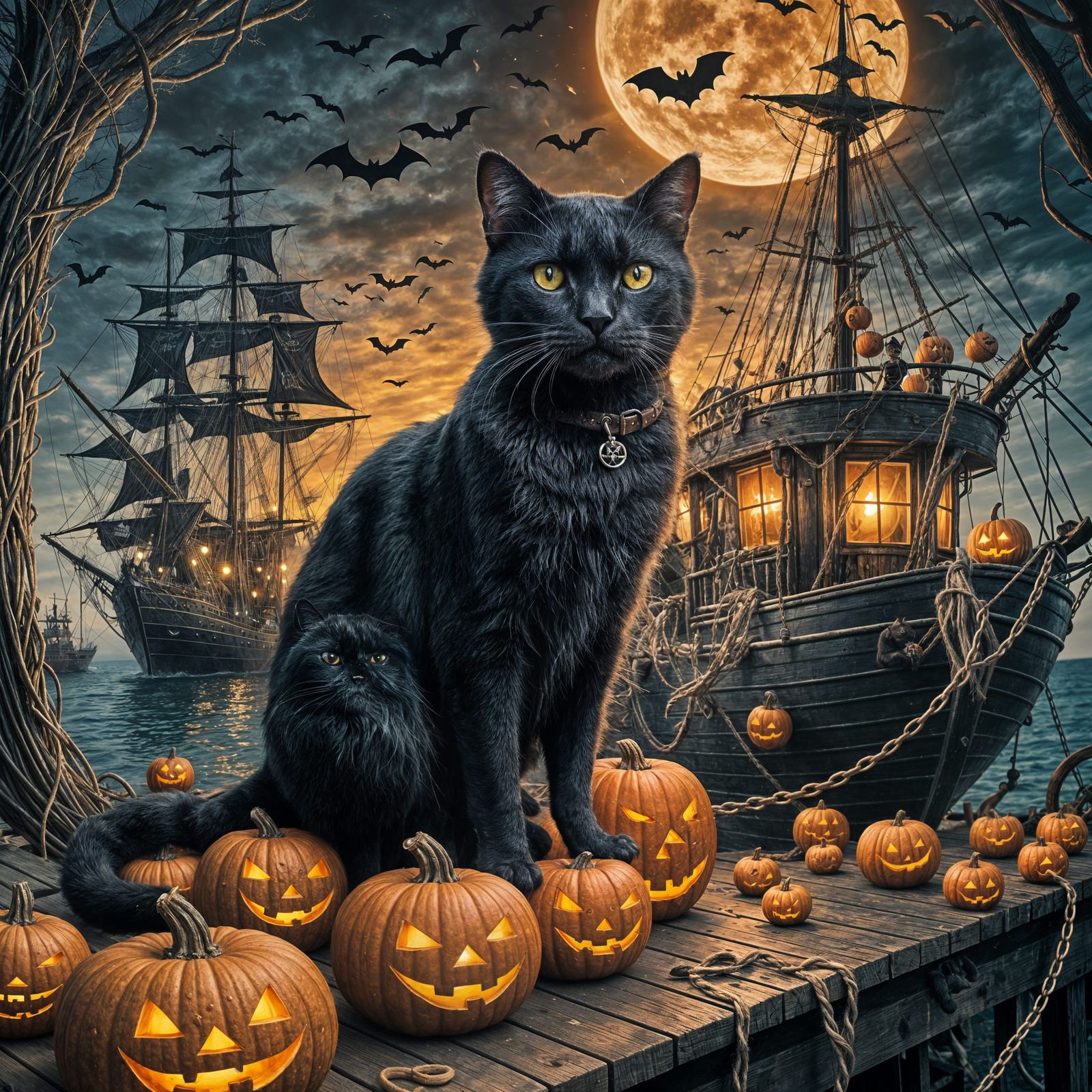 Vintage Black Cat Pirate Halloween Scene